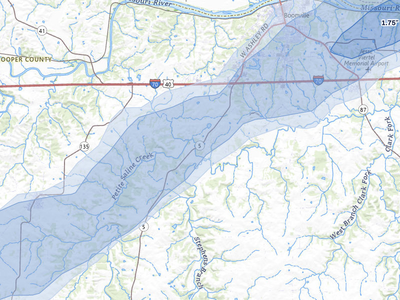 NEXRAD radar-signature map of the hail over Boonville, MO