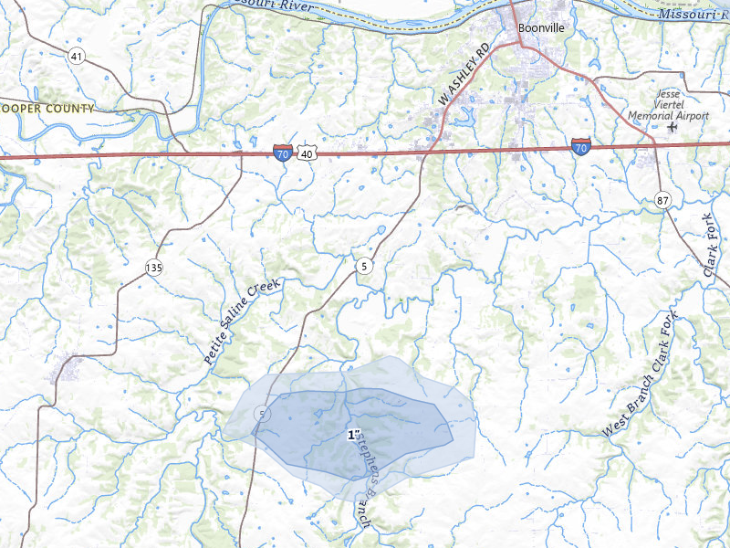 NEXRAD radar-signature map of the hail storm over Boonville, MO on May 31, 2026