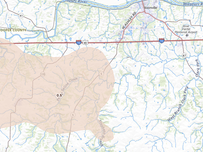 Radar-estimated hail-size map of the storm over Boonville, MO on Jun 17, 2026