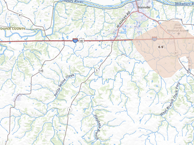 Radar-estimated hail-size map of the storm over Boonville, MO on Jul 10, 2026