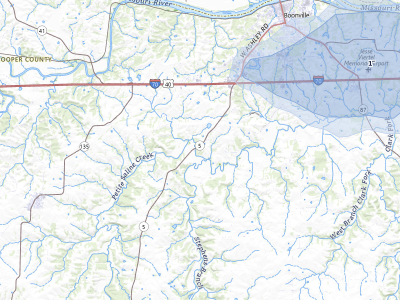 NEXRAD radar-signature map of the hail storm over Boonville, MO on Jul 10, 2026