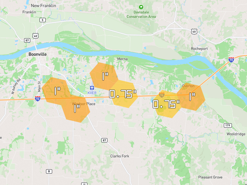 Hail map of Boonville, MO on Jul 10, 2026, hail up to 1"