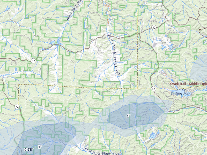 NEXRAD radar-signature map of the hail storm over Boss, MO on Mar 15, 2026