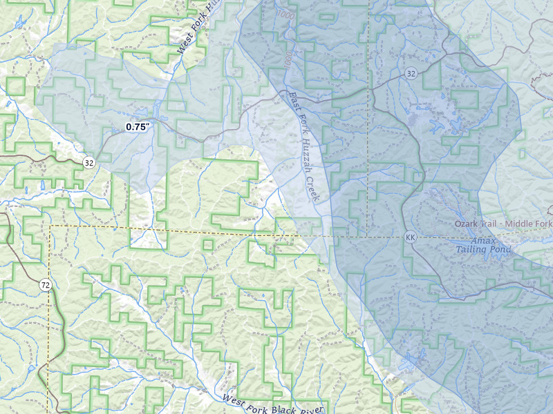 NEXRAD radar-signature map of the hail storm over Boss, MO on Jul 9, 2026
