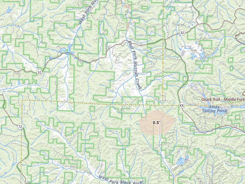 Radar-estimated hail-size map of the storm over Boss, MO on Aug 18, 2026