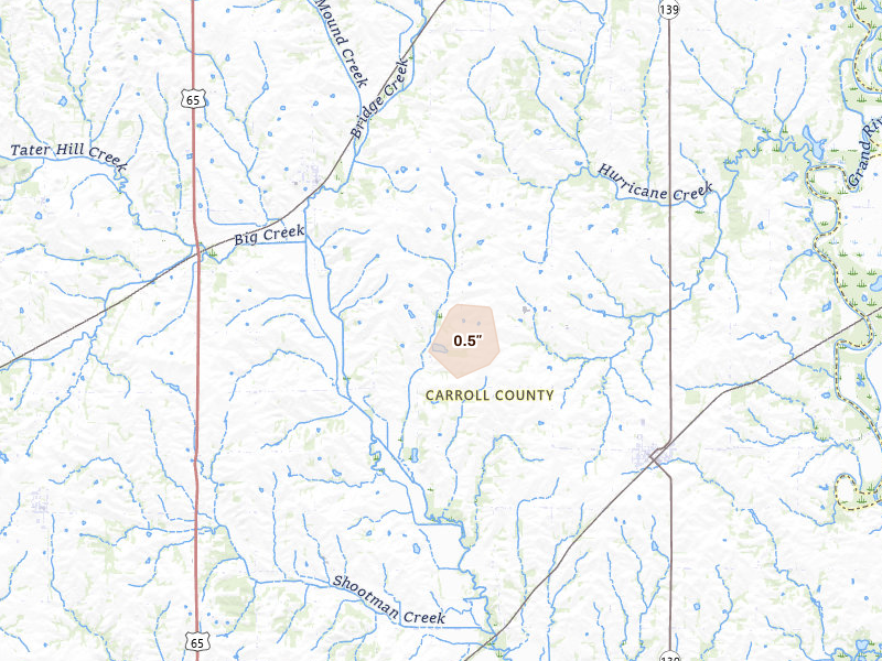 Radar-estimated hail-size map of the storm over Bosworth, MO on Mar 6, 2026