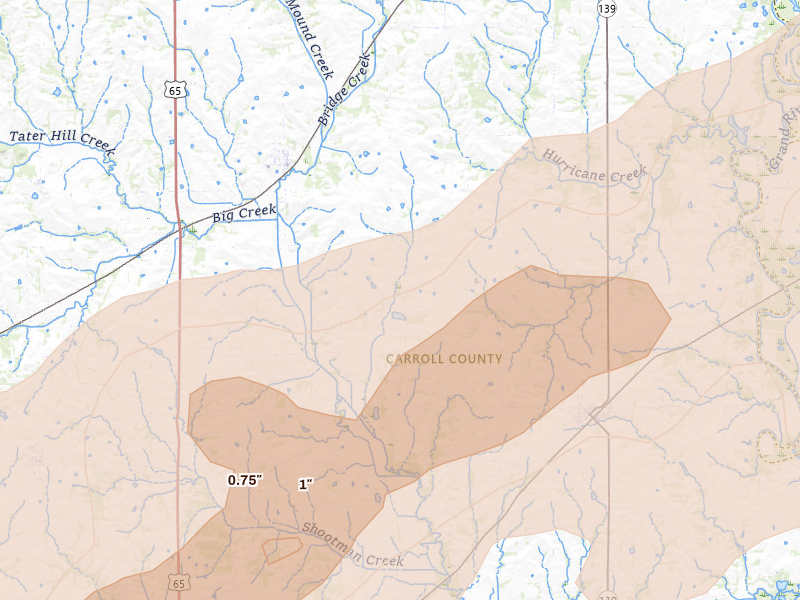 Radar-estimated hail-size map of the storm over Bosworth, MO on Mar 10, 2026