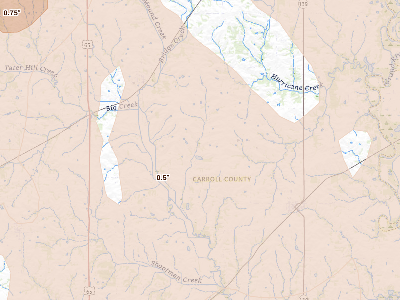 Radar-estimated hail-size map of the storm over Bosworth, MO on Apr 26, 2026