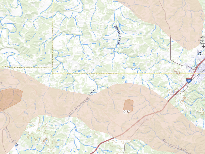 Radar-estimated hail-size map of the storm over Bourbon, MO on Aug 12, 2026