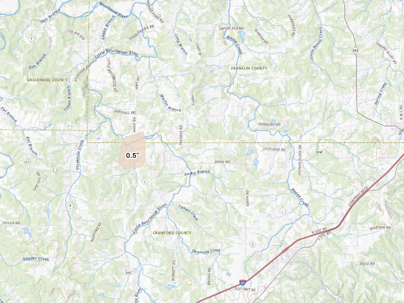 Radar-estimated hail-size map of the storm over Bourbon, MO on Sep 16, 2026