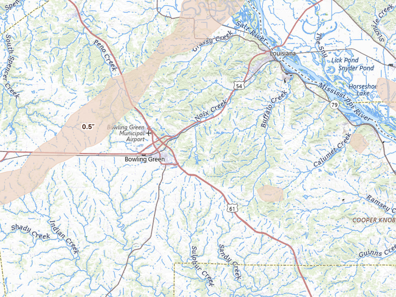 Radar-estimated hail-size map of the storm over Bowling Green, MO on Apr 26, 2026
