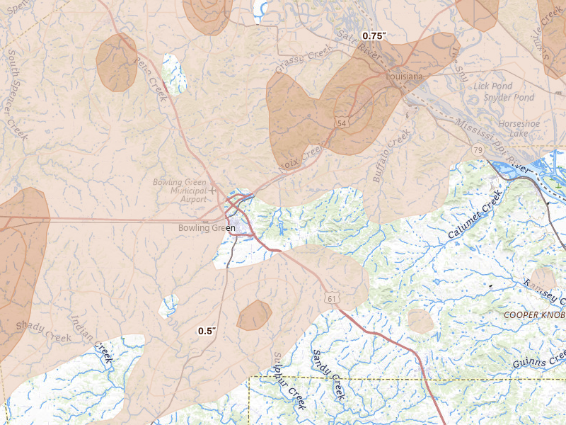 Radar-estimated hail-size map of the storm over Bowling Green, MO on Apr 27, 2026