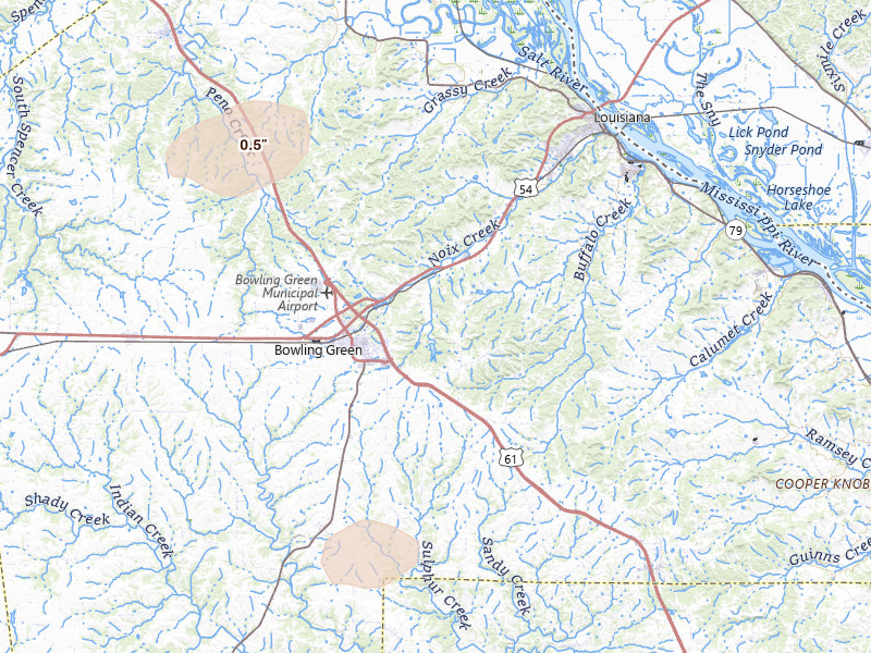 Radar-estimated hail-size map of the storm over Bowling Green, MO on May 16, 2026