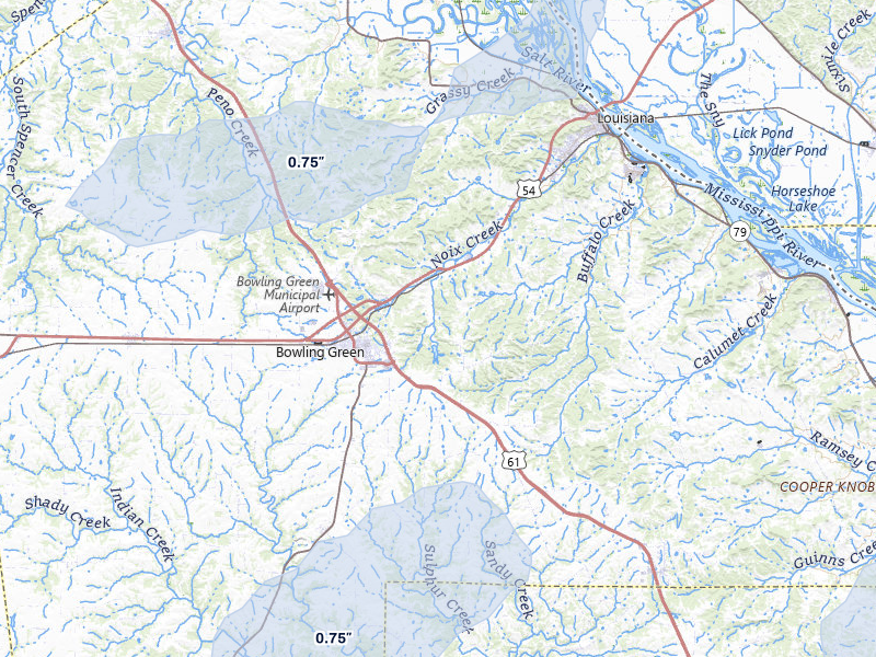 NEXRAD radar-signature map of the hail storm over Bowling Green, MO on May 16, 2026