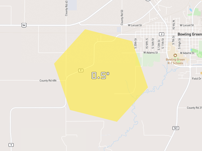 Hail map of Bowling Green, MO on Jun 1, 2026, hail up to 0.5"