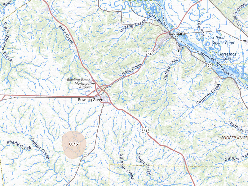 Radar-estimated hail-size map of the storm over Bowling Green, MO on Jun 27, 2026
