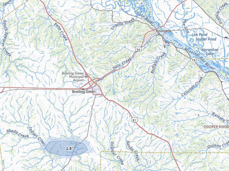 NEXRAD radar-signature map of the hail storm over Bowling Green, MO on Jun 27, 2026