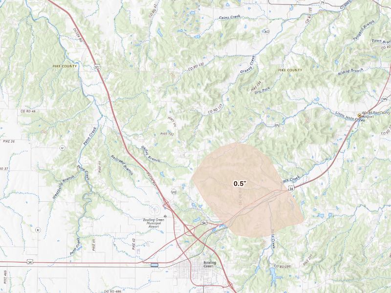 Radar-estimated hail-size map of the storm over Bowling Green, MO