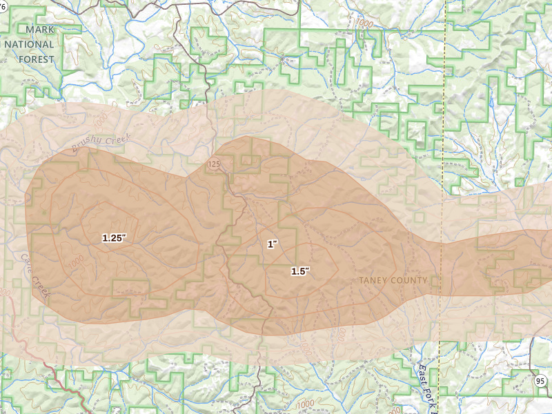Radar-estimated hail-size map of the storm over Bradleyville, MO on Apr 27, 2026