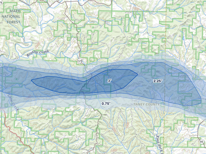 NEXRAD radar-signature map of the hail over Bradleyville, MO