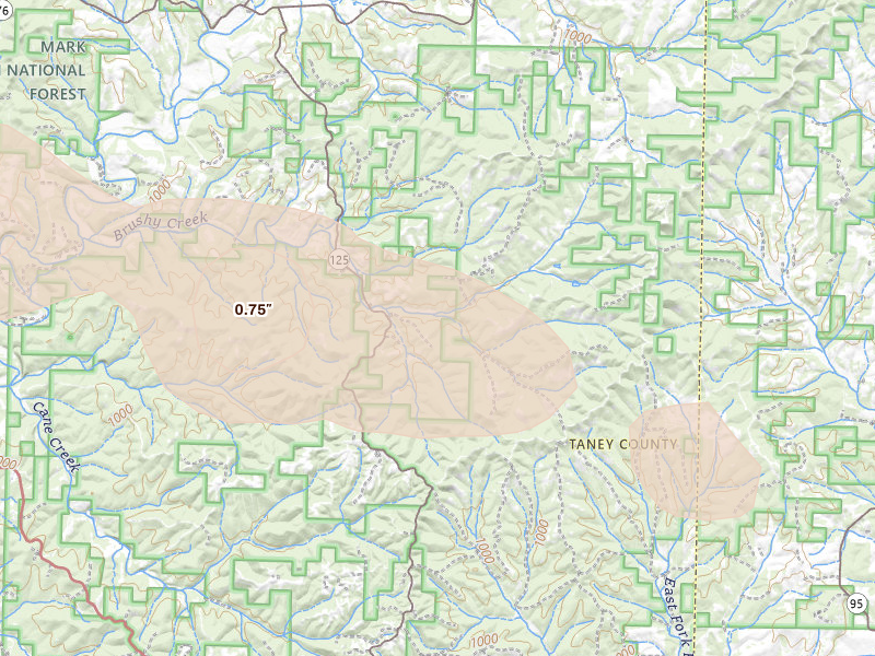 Radar-estimated hail-size map of the storm over Bradleyville, MO on May 30, 2026