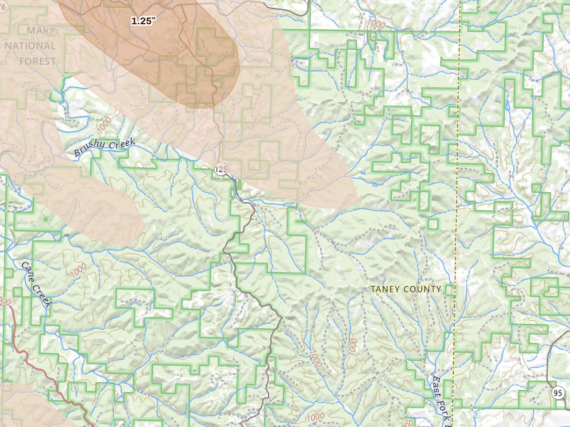 Radar-estimated hail-size map of the storm over Bradleyville, MO on Jun 1, 2026