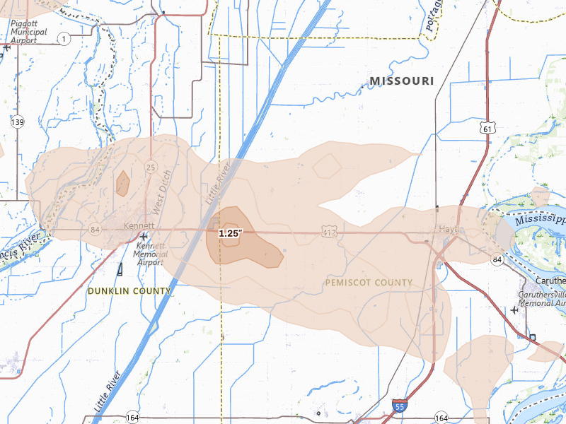 Radar-estimated hail-size map of the storm over Bragg City, MO on Apr 16, 2026