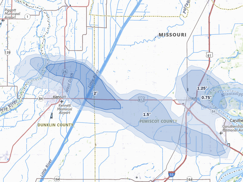 NEXRAD radar-signature map of the hail over Bragg City, MO