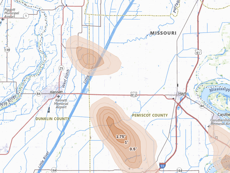 Radar-estimated hail-size map of the storm over Bragg City, MO on May 31, 2026