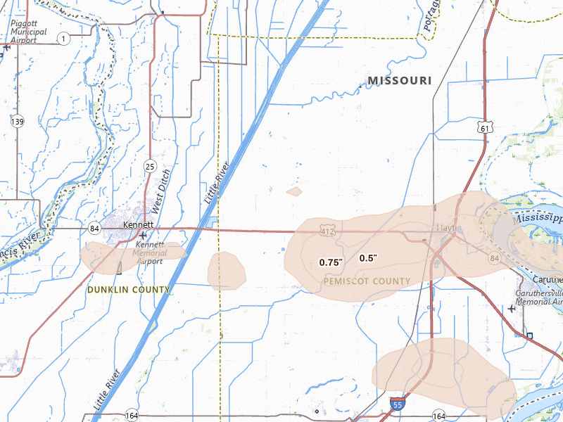 Radar-estimated hail-size map of the storm over Bragg City, MO