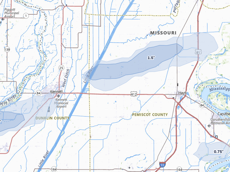 NEXRAD radar-signature map of the hail over Bragg City, MO