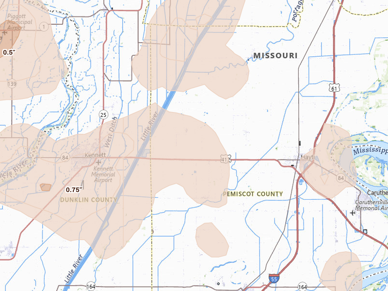 Radar-estimated hail-size map of the storm over Bragg City, MO on Jul 9, 2026