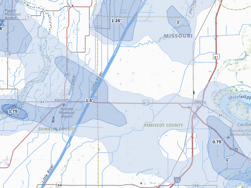 NEXRAD radar-signature map of the hail storm over Bragg City, MO on Jul 9, 2026