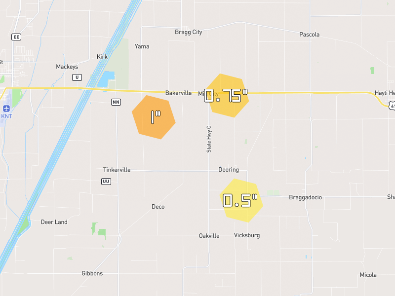 Hail map of Bragg City, MO on Jul 10, 2026, hail up to 1"