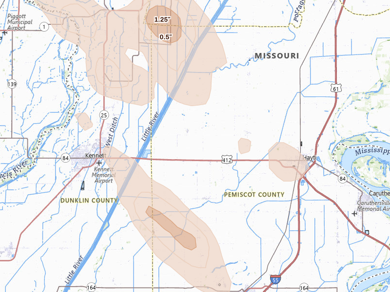 Radar-estimated hail-size map of the storm over Bragg City, MO on Aug 26, 2026