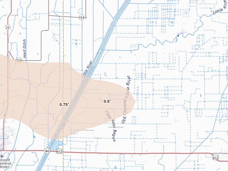 Radar-estimated hail-size map of the storm over Bragg City, MO