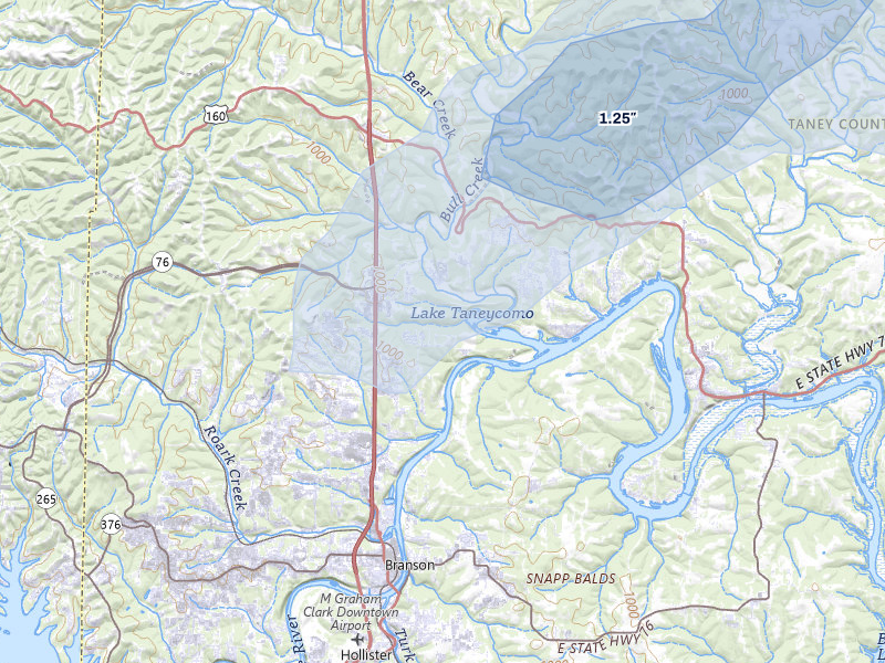 NEXRAD radar-signature map of the hail storm over Branson, MO on Mar 4, 2026