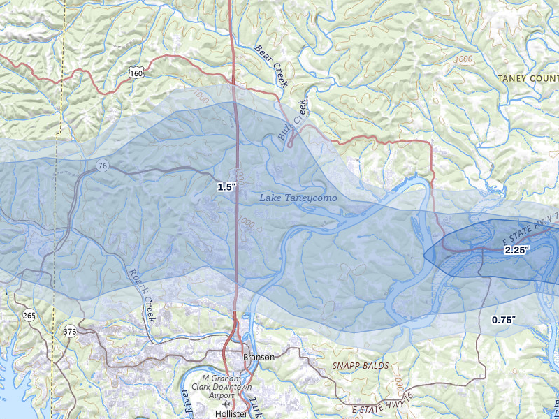 NEXRAD radar-signature map of the hail storm over Branson, MO on Apr 27, 2026