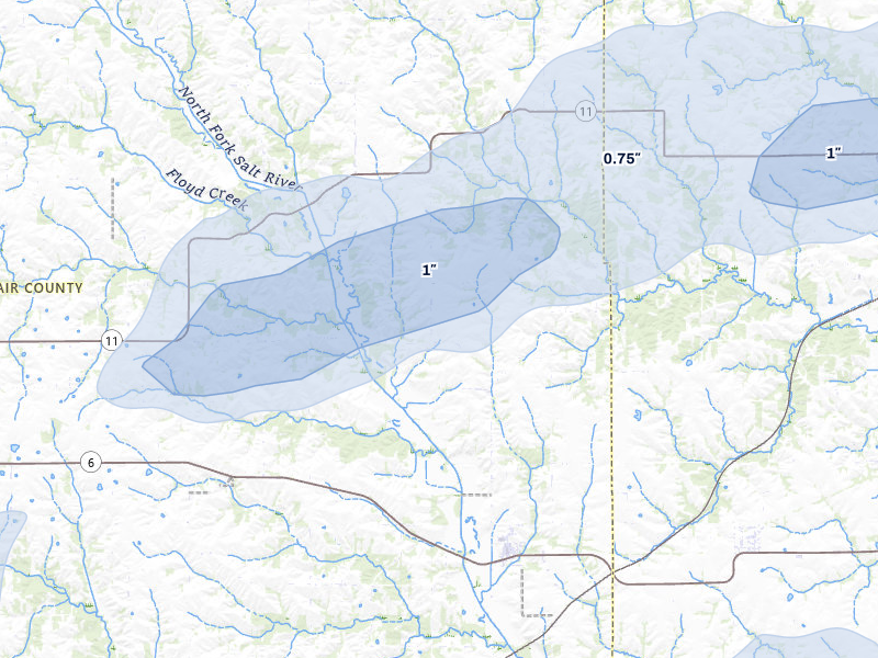 NEXRAD radar-signature map of the hail storm over Brashear, MO on Apr 17, 2026