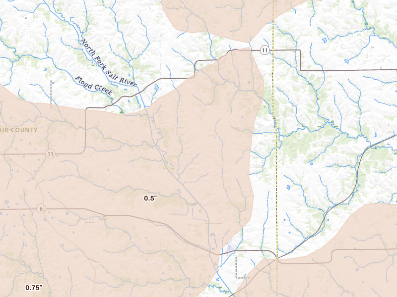 Radar-estimated hail-size map of the storm over Brashear, MO on Jun 10, 2026