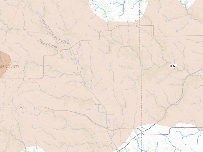 Radar-estimated hail-size map of the storm over Brashear, MO on Jun 11, 2026