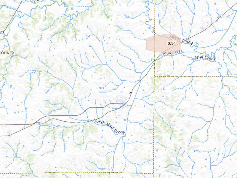 Radar-estimated hail-size map of the storm over Braymer, MO on Mar 2, 2026