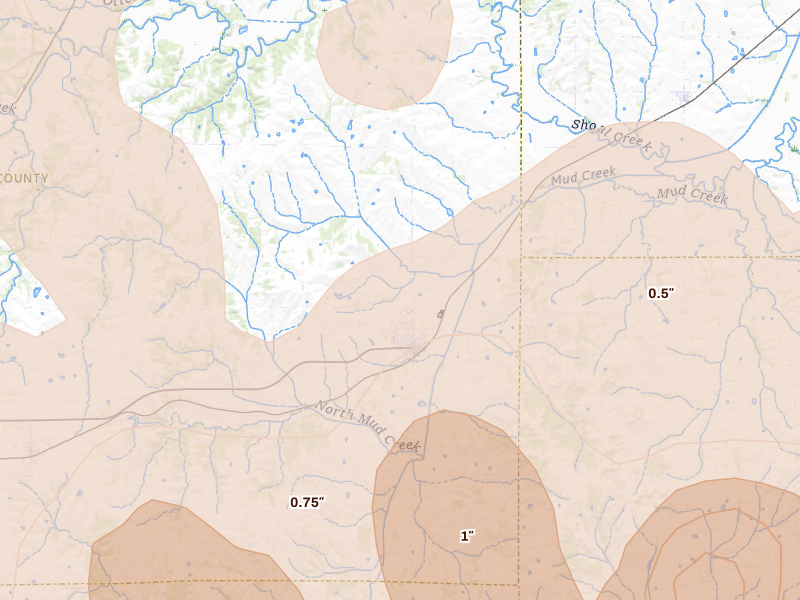 Radar-estimated hail-size map of the storm over Braymer, MO on Apr 26, 2026