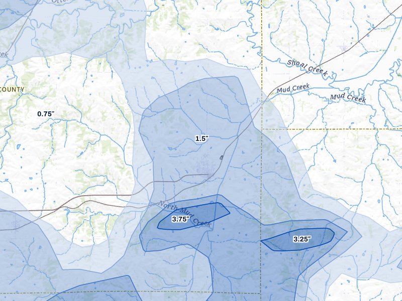 NEXRAD radar-signature map of the hail storm over Braymer, MO on Apr 26, 2026