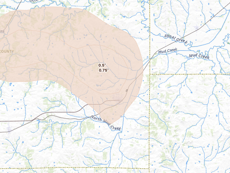 Radar-estimated hail-size map of the storm over Braymer, MO on Aug 8, 2026