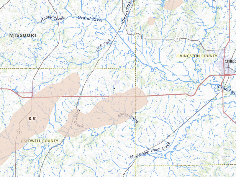 Radar-estimated hail-size map of the storm over Breckenridge, MO on Mar 10, 2026