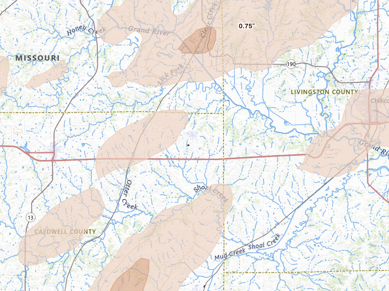 Radar-estimated hail-size map of the storm over Breckenridge, MO on Apr 17, 2026