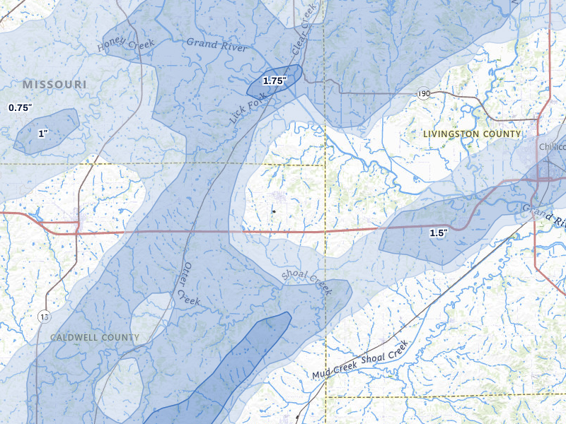 NEXRAD radar-signature map of the hail over Breckenridge, MO