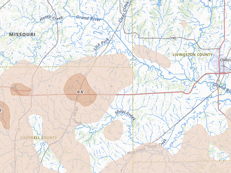 Radar-estimated hail-size map of the storm over Breckenridge, MO on Apr 26, 2026