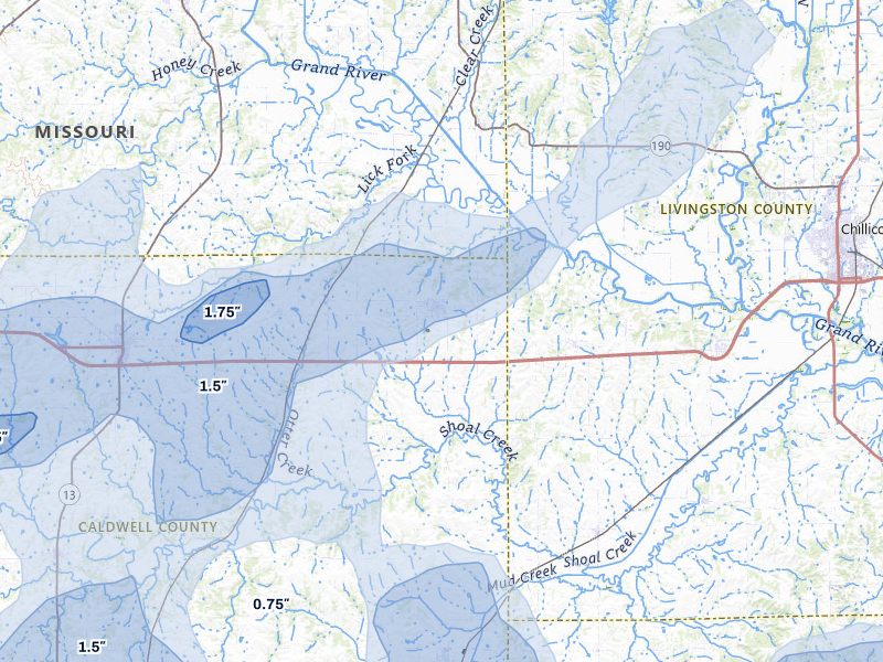 NEXRAD radar-signature map of the hail over Breckenridge, MO